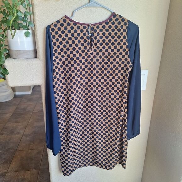 Anthropologie Everly polka dot shift dress small tan and blue - Picture 6 of 7